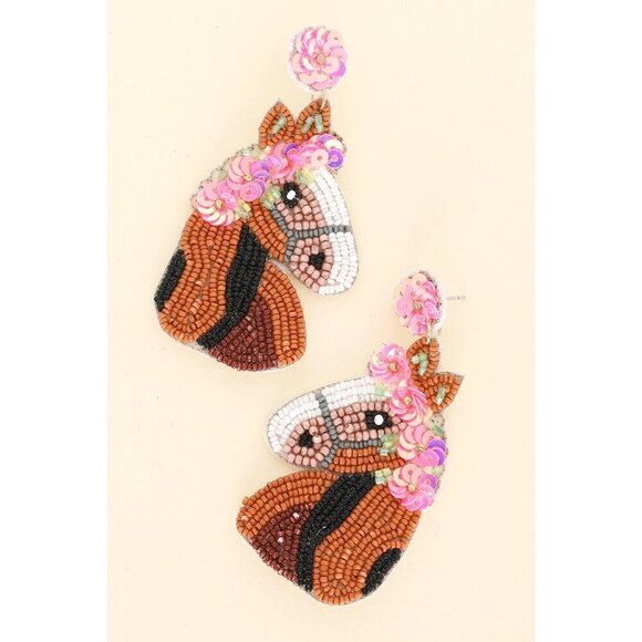 Run for The Roses Horse Beaded Embroidery Earrings - Picture 1 of 2